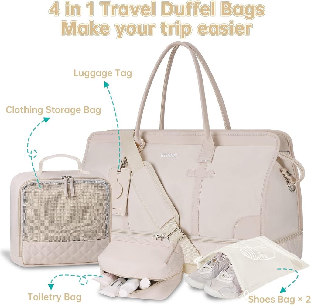 ETRONIK Weekender Overnight Bag for Women, Large Travel Duffle Bag with Shoe Compartment  Wet Pocket, Carry On Tote Bag Gym Duffel Bag with Toiletry Bag, Bag for Hospital 4 Pcs Set, Beige
