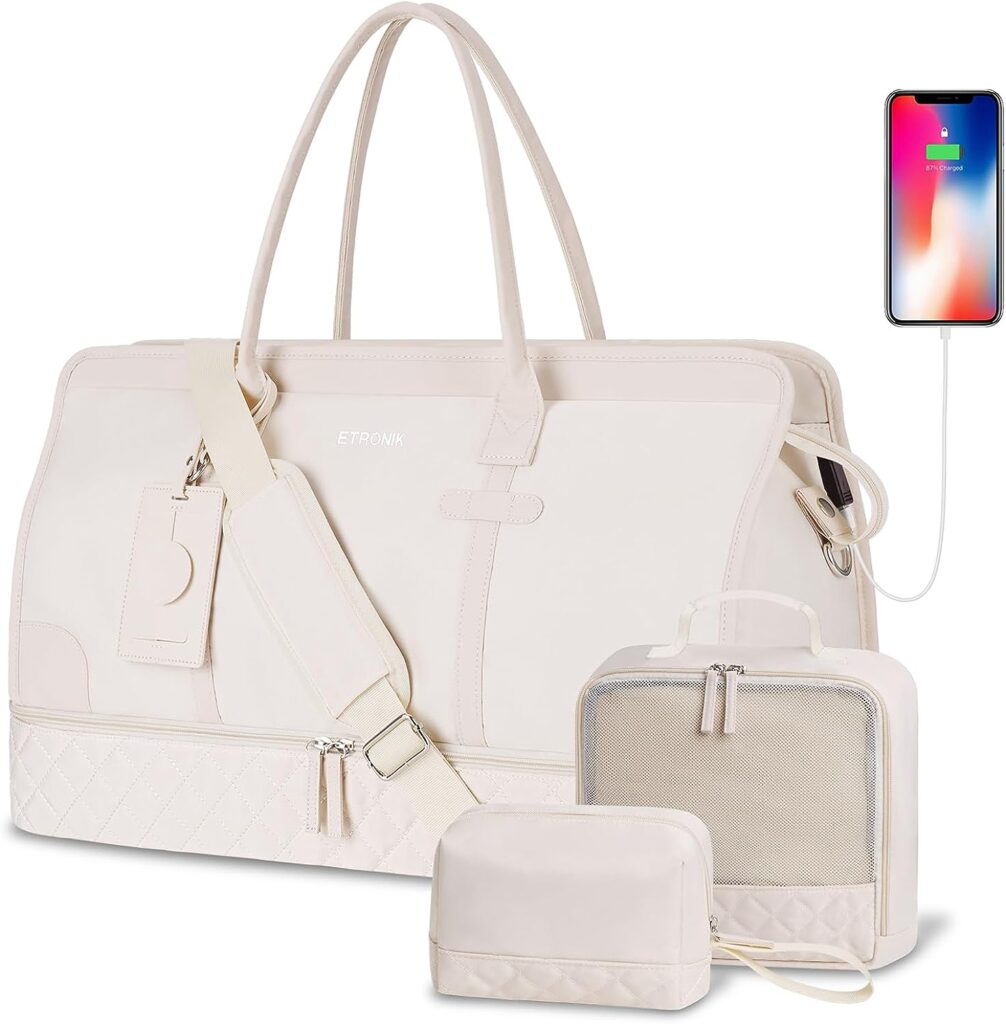 ETRONIK Weekender Overnight Bag for Women, Large Travel Duffle Bag with Shoe Compartment  Wet Pocket, Carry On Tote Bag Gym Duffel Bag with Toiletry Bag, Bag for Hospital 4 Pcs Set, Beige