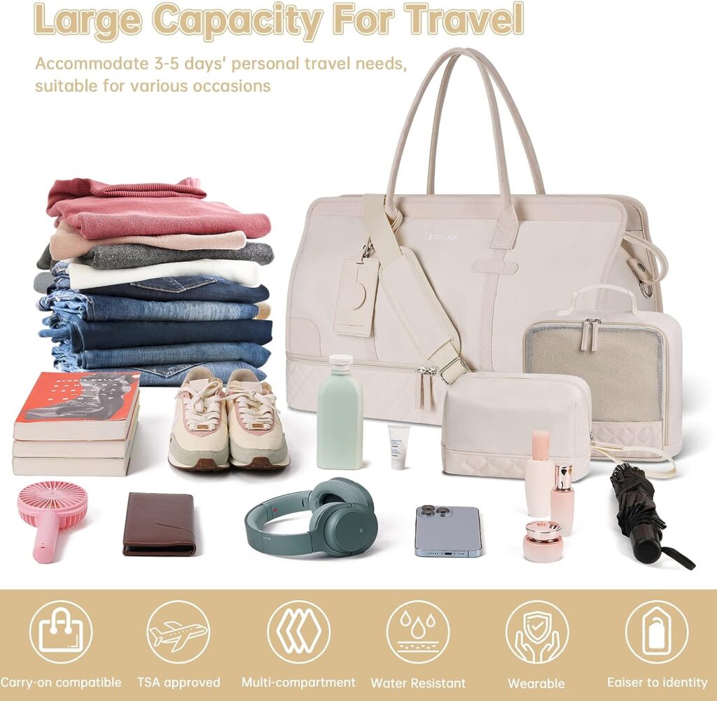 ETRONIK Weekender Overnight Bag for Women, Large Travel Duffle Bag with Shoe Compartment  Wet Pocket, Carry On Tote Bag Gym Duffel Bag with Toiletry Bag, Bag for Hospital 4 Pcs Set, Beige