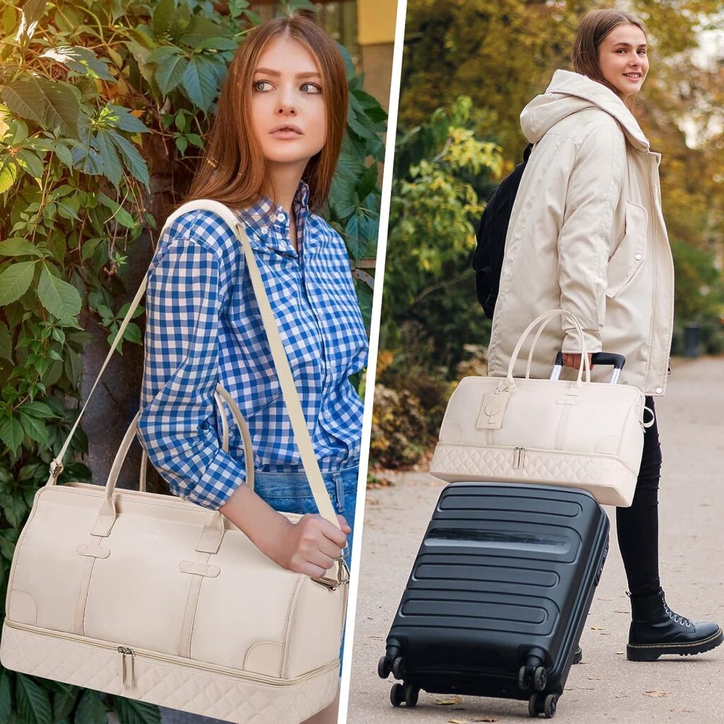 ETRONIK Weekender Overnight Bag for Women, Large Travel Duffle Bag with Shoe Compartment  Wet Pocket, Carry On Tote Bag Gym Duffel Bag with Toiletry Bag, Bag for Hospital 4 Pcs Set, Beige