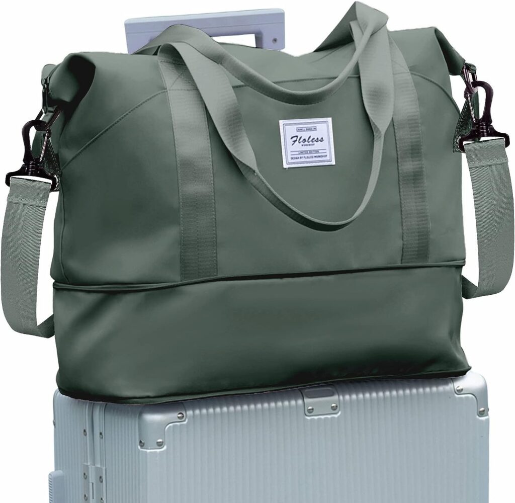 Travel Bag,Waterproof Duffel Gym Tote Bag,Weekender Carry On Overnight Bags for Women with Trolley Sleeve Wet Pocket,Travel Duffel Bags Hospital Bag,Green