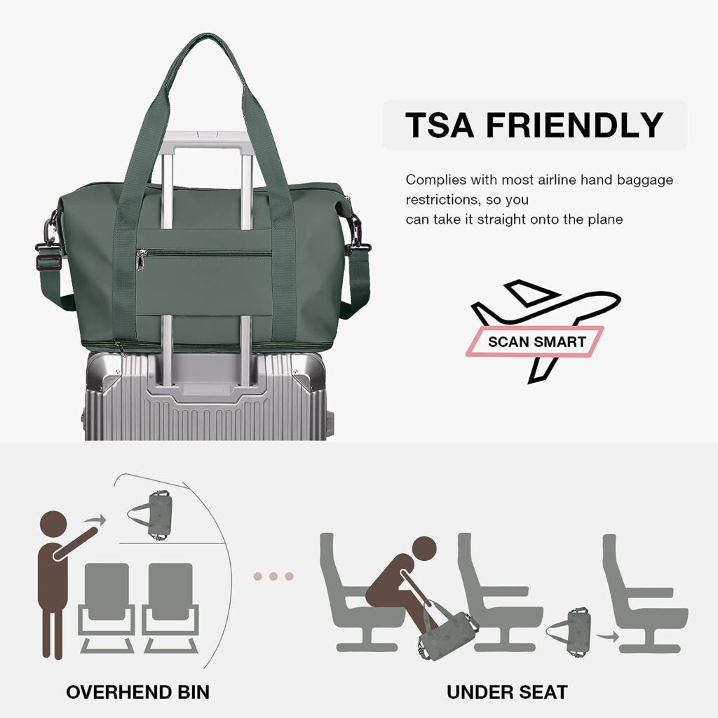 Travel Bag,Waterproof Duffel Gym Tote Bag,Weekender Carry On Overnight Bags for Women with Trolley Sleeve Wet Pocket,Travel Duffel Bags Hospital Bag,Green